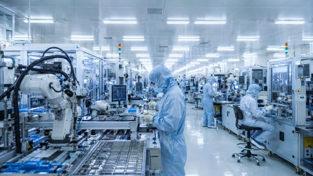 Sanand semiconductor hub: workers in cleanroom suits at chip manufacturing facility.