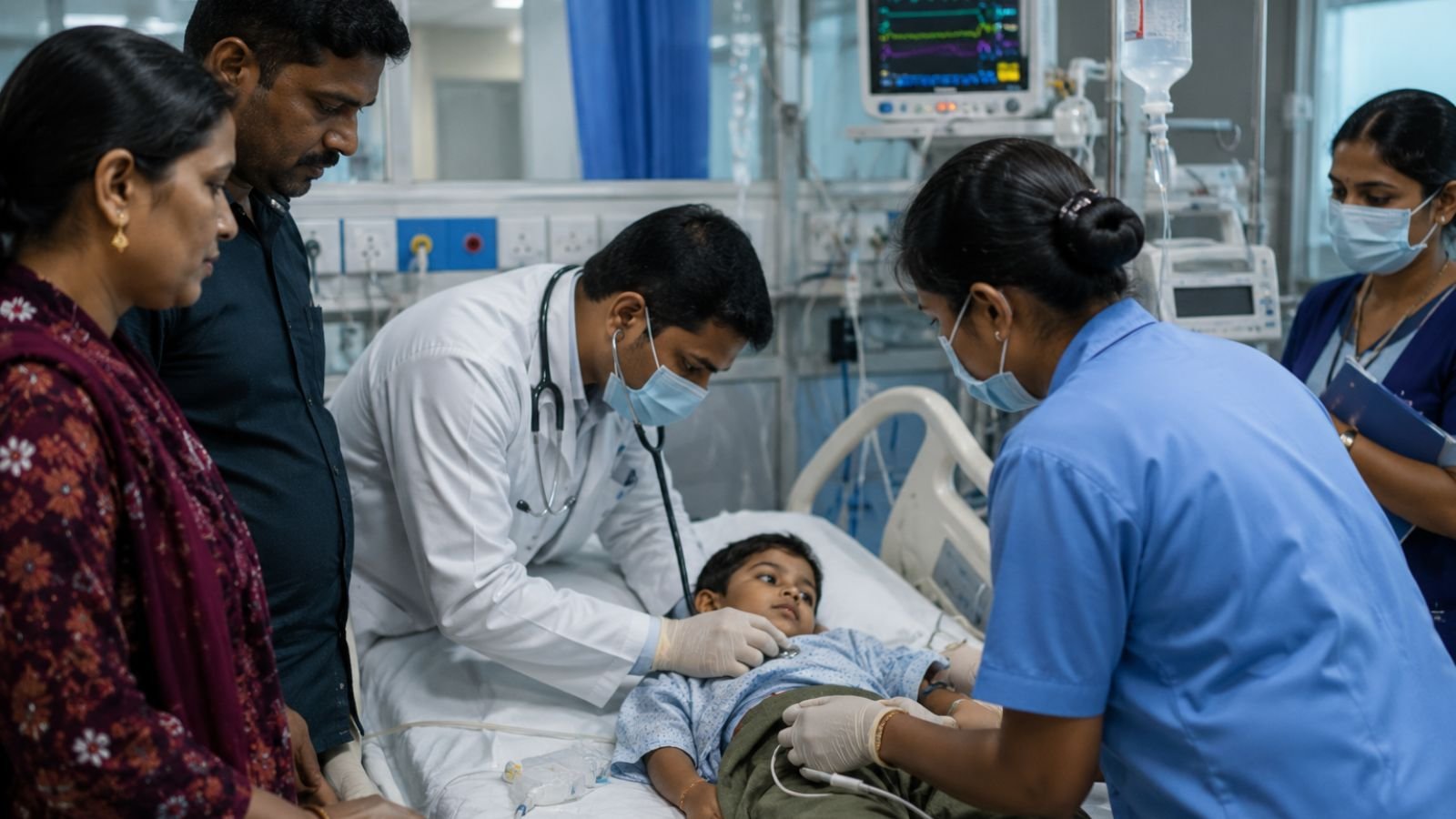 Pediatric doctors and nurses examining a young child with suspected Chandipura virus infection in a modern Gujarat hospital, with vital sign monitors, IV fluids, oxygen support, and medical equipment visible as concerned parents stand nearby in a clean intensive care setting under natural lighting.