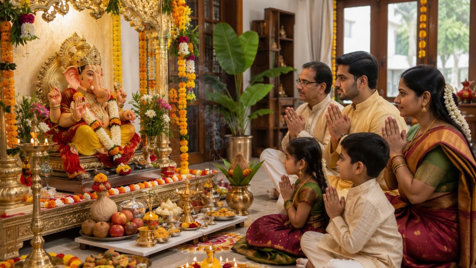 Ganesh Chaturthi 2026 celebration inside an Indian home featuring an eco-friendly Lord Ganesha idol on a floral altar, family members in traditional attire performing Madhyahna Pooja with folded hands, modaks, fruits, coconuts, diyas, incense, flowers, kalash, marigold decorations, rangoli, and a warm spiritual atmosphere.