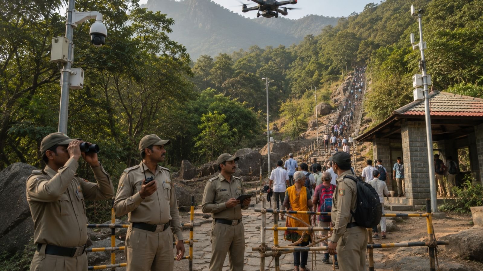 Girnar Wildlife Sanctuary in Junagadh, Gujarat, showing Gujarat Forest Department officers patrolling a forest trail with AI-enabled surveillance cameras, a thermal monitoring drone, forest guards carrying binoculars, radios and GPS devices, a security checkpoint guiding pilgrims, the Girnar stone staircase, dense green forest, and safety barricades under soft morning light.
