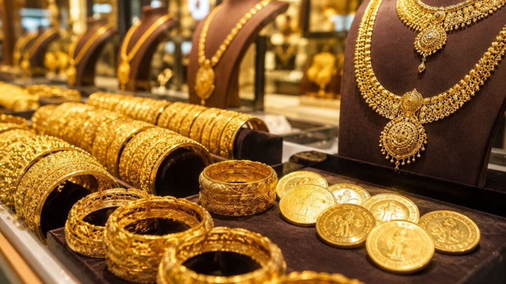 Gold jewelry and coins displayed in a Gujarat jewelry store, reflecting gold prices.