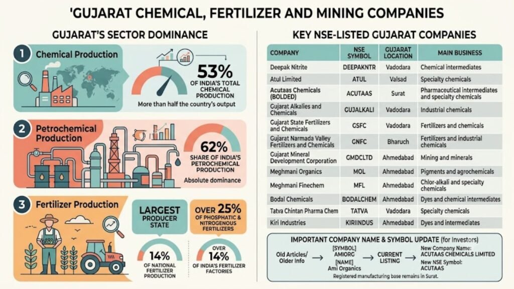 Gujarat's chemical, fertilizer, and mining sector dominance and NSE-listed companies.