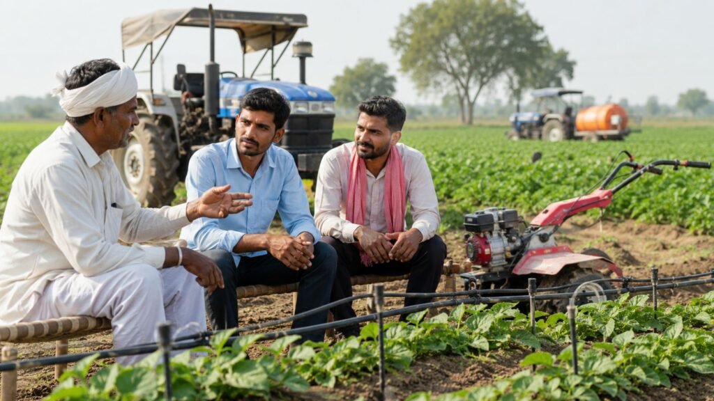 Farmers discussing agriculture and iKhedut schemes in a Gujarat field