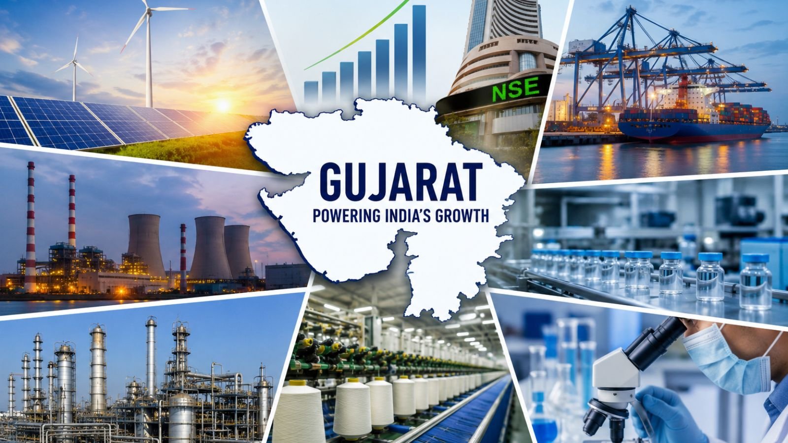 Gujarat's growth: renewable energy, industry, NSE, and ports.