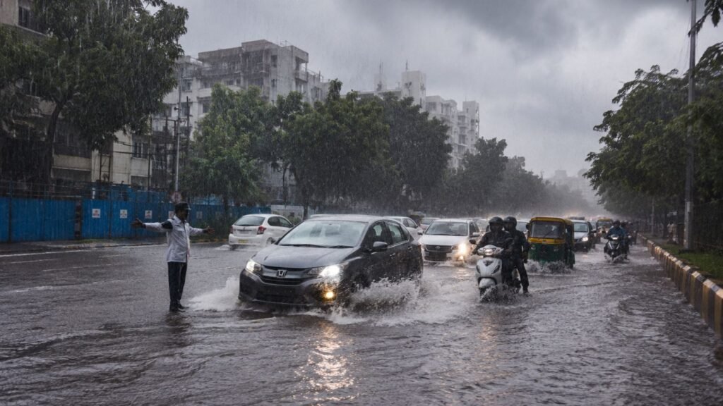 Gujarat rain: Cars and people navigate flooded streets in Ahmedabad amid IMD red alert.