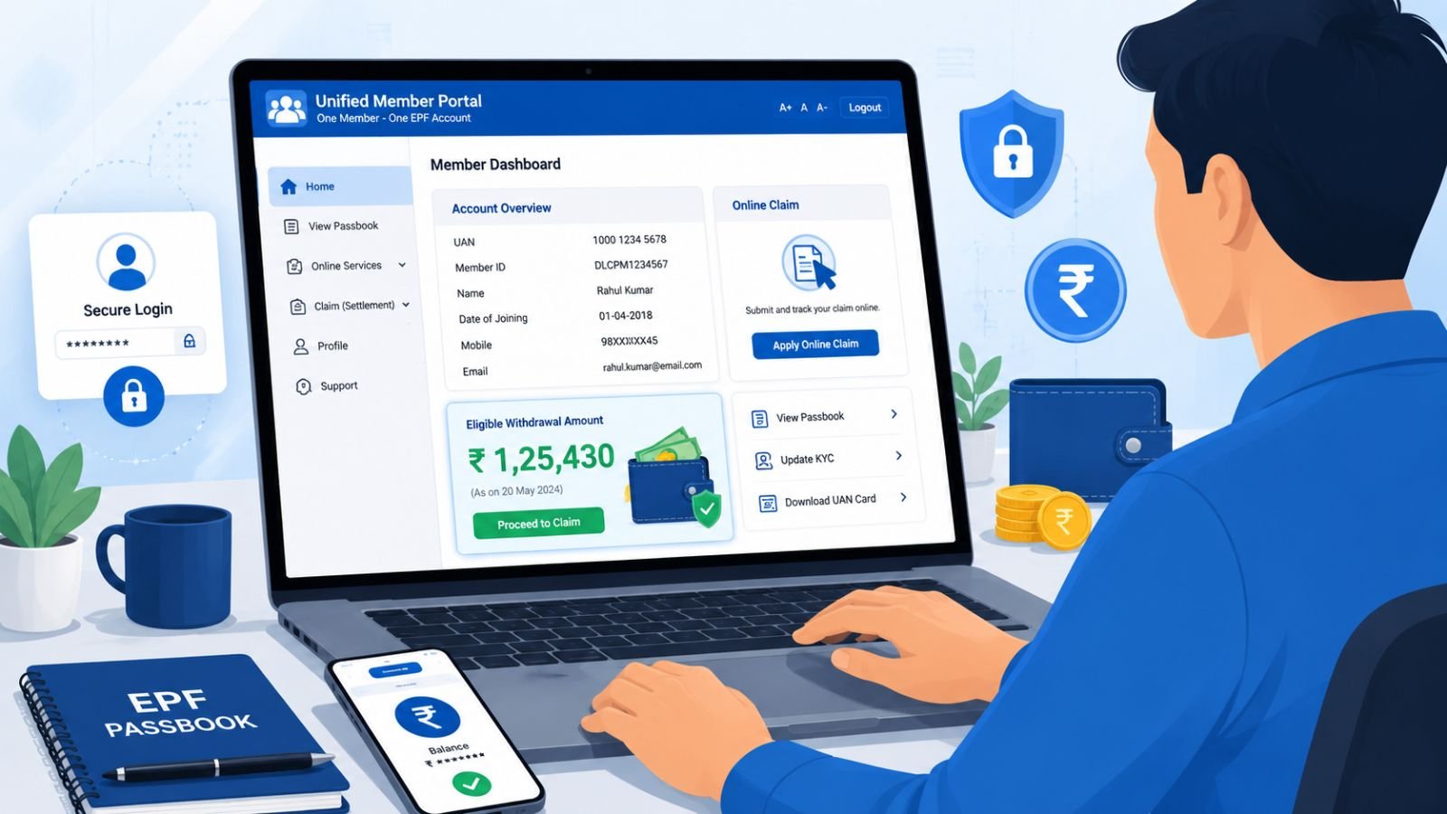 EPF eligible withdrawal amount displayed on a laptop screen, showing UAN, Member ID, and balance.