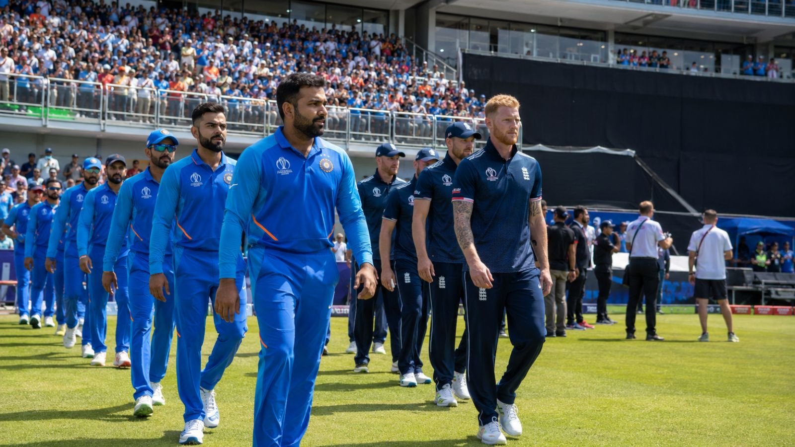 Indian and England cricket teams walk out for the 1st ODI 2026 match.