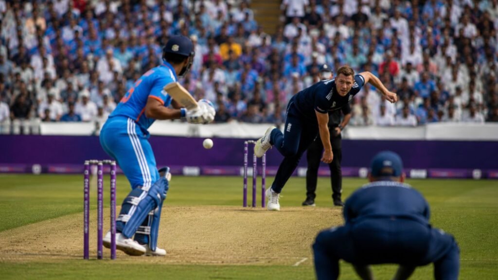 India vs England cricket match: bowler delivers ball to batsman