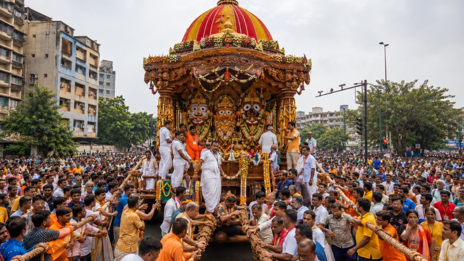 Surat Jagannath Rath Yatra procession with a large, decorated chariot and devotees.