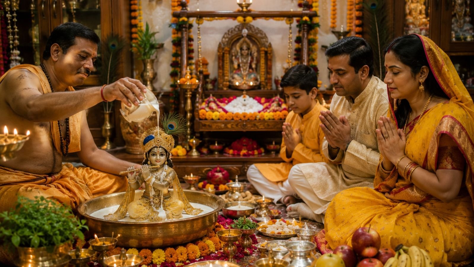 Krishna Janmashtami 2026 celebration inside an Indian home temple showing Laddu Gopal dressed in a yellow outfit with a peacock feather crown, miniature jewellery and flute, as a priest performs Panchamrit Abhishekam with milk, curd, honey, ghee and sugar while family members in traditional attire pray before a decorated wooden Jhula, brass diyas, marigold flowers, Tulsi leaves, fruits, incense and festive offerings during the sacred Nishita Kaal midnight celebration.