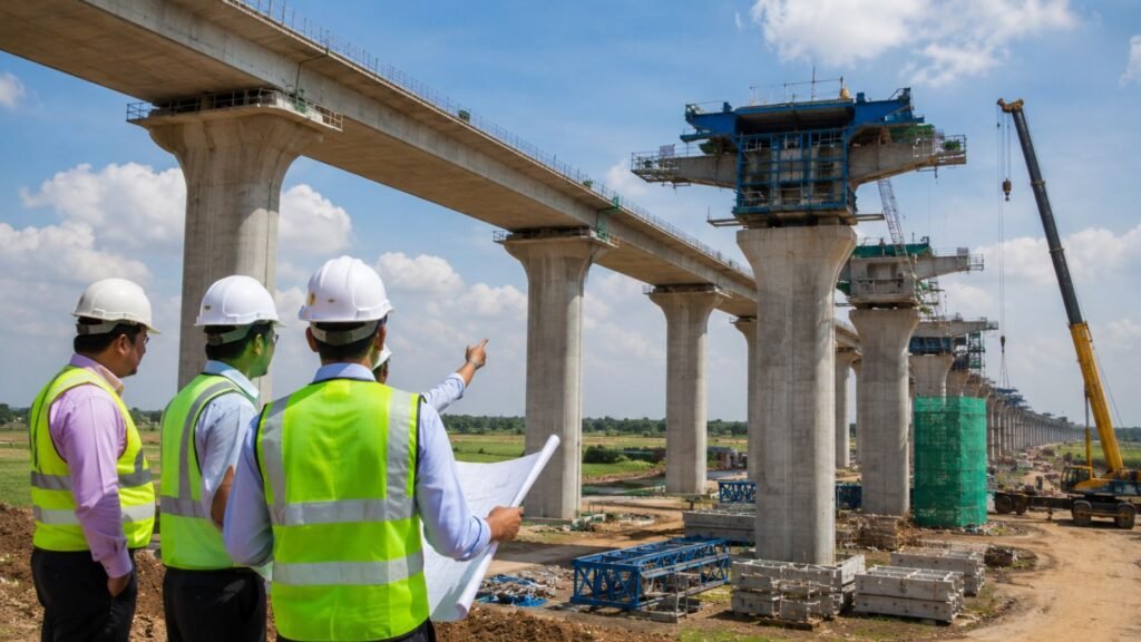 Engineers inspect progress on the Mumbai Ahmedabad bullet train project's elevated track construction.