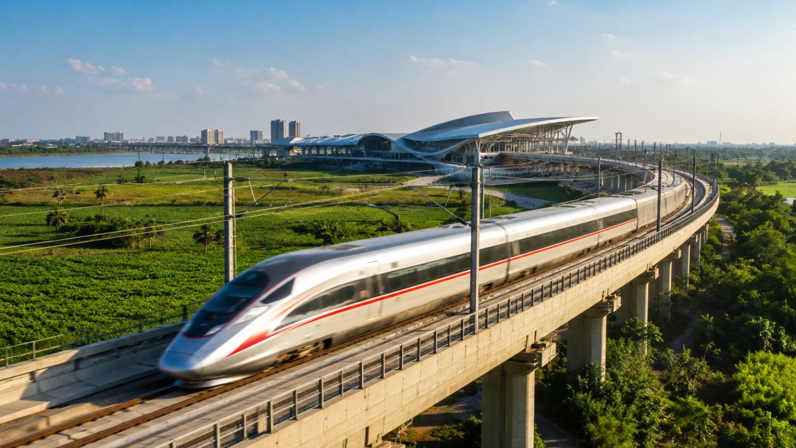 Mumbai Ahmedabad High-Speed Rail project in progress, showcasing a bullet train on elevated tracks.