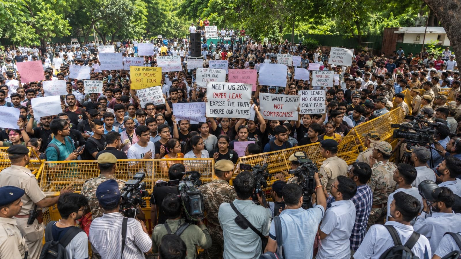 Large peaceful demonstration at Jantar Mantar, New Delhi, with thousands of students and protesters demanding accountability over the alleged NEET UG 2026 paper leak, featuring police barricades, security personnel, media crews, and a crowded public gathering in an authentic Indian urban setting under bright natural daylight.