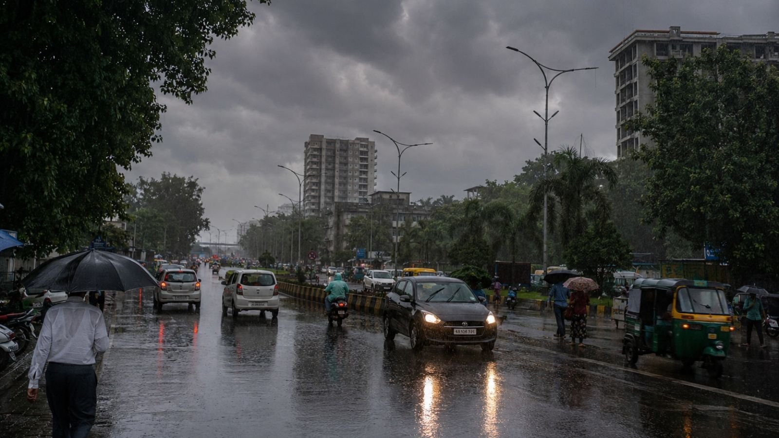 Surat monsoon rain: cars and pedestrians with umbrellas on a wet city street