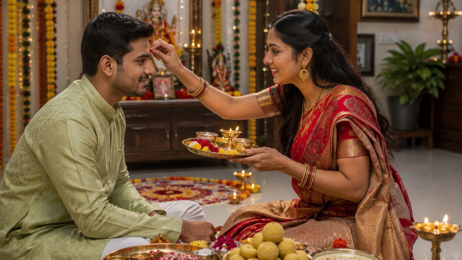 Traditional Raksha Bandhan 2026 celebration inside an Indian home showing a sister in a vibrant saree applying roli and chawal tilak on her brother's forehead, performing aarti with a brass diya, tying a colorful Rakhi on his right wrist, feeding him kheer and ladoo, while the brother presents a gift box and envelope, with a decorative puja thali, marigold flowers, rangoli, festive lights, and authentic Indian family celebrations.