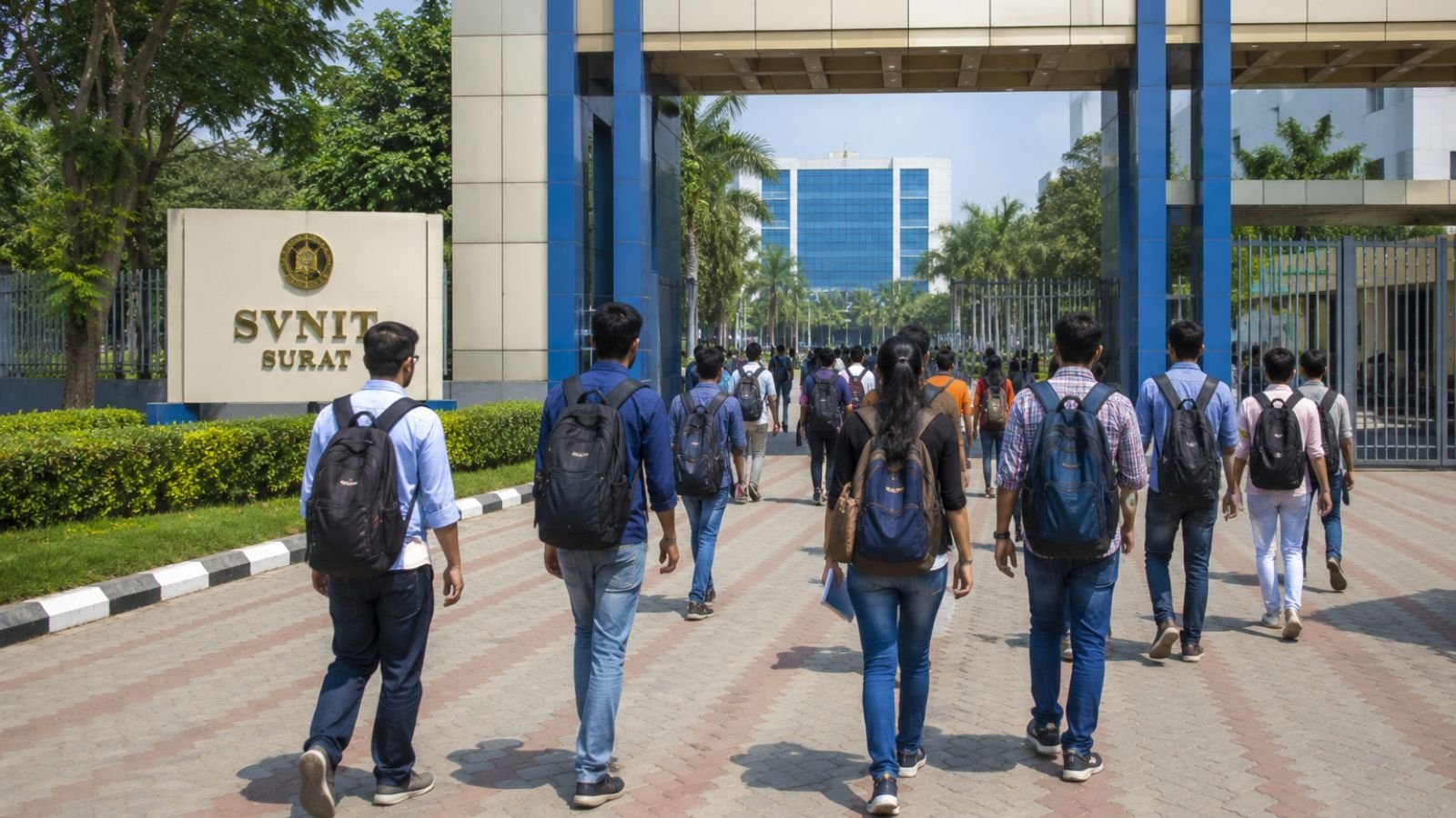 Students walk towards the SVNIT Surat entrance gate for PhD admissions.