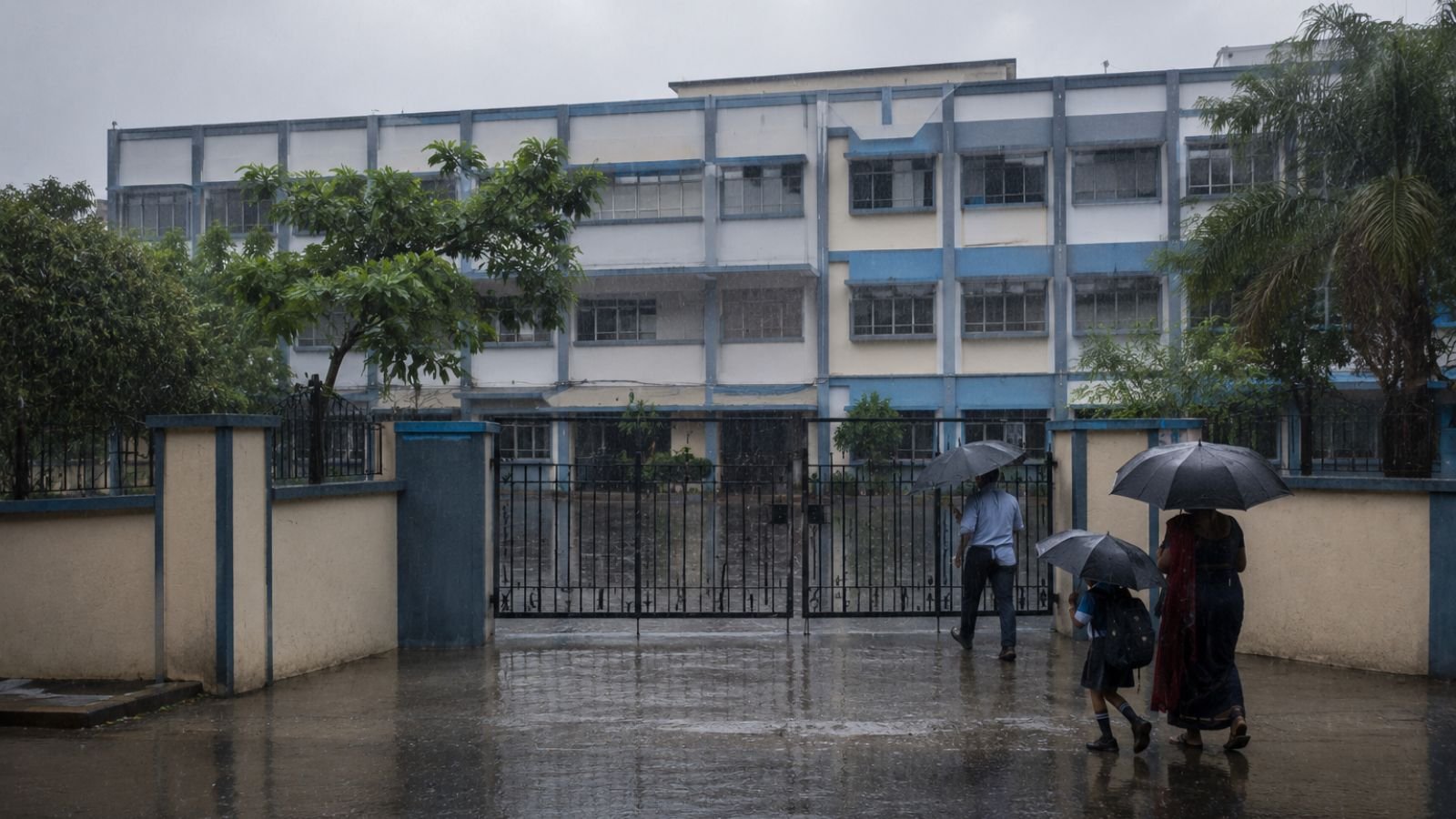 People with umbrellas enter a school during heavy Gujarat rain, with IMD red alert issued.