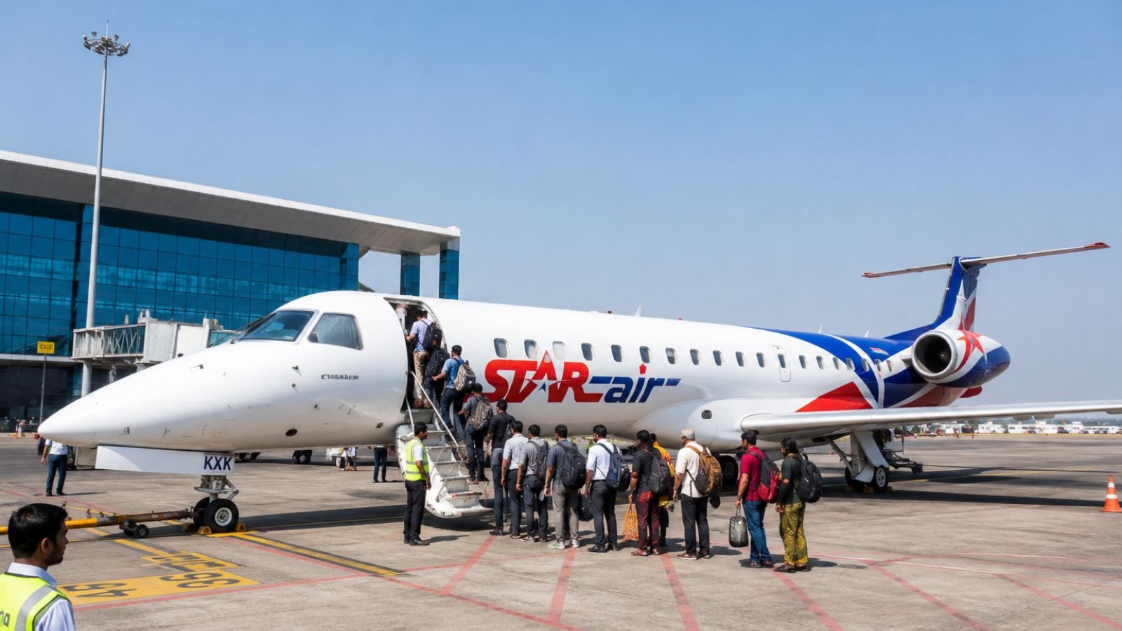Star Air Embraer regional jet parked at Surat International Airport with passengers boarding for the inaugural Surat to Mundra flight under clear blue skies beside the modern airport terminal.