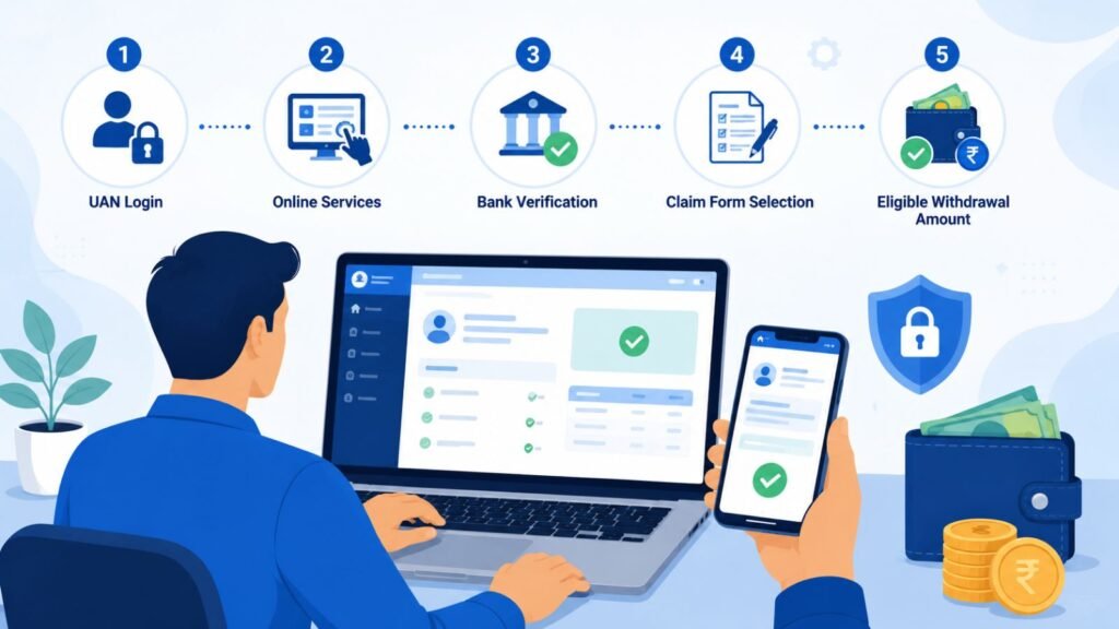 EPF eligible withdrawal amount process: UAN login, online services, bank verification, claim form, withdrawal.