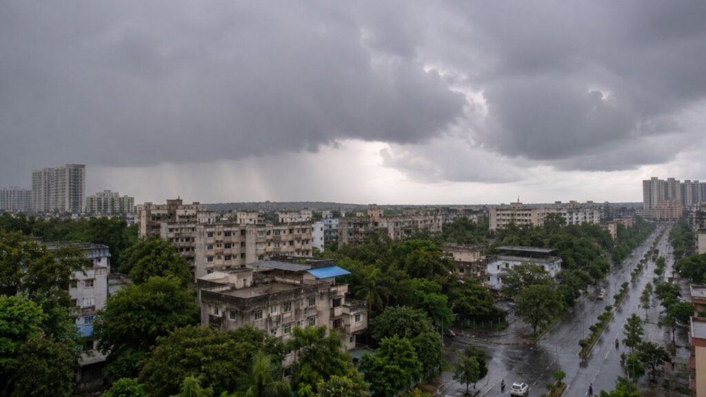 Surat cityscape with monsoon clouds and rain on July 4, 2026