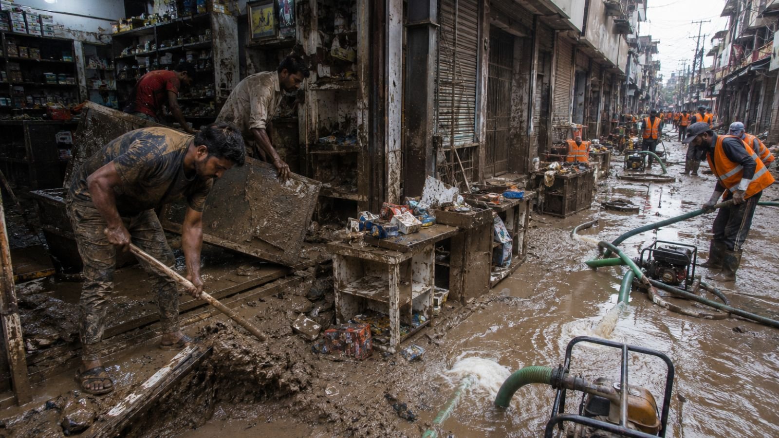 Surat flood aftermath: men clearing mud and debris from a flooded street and shop.