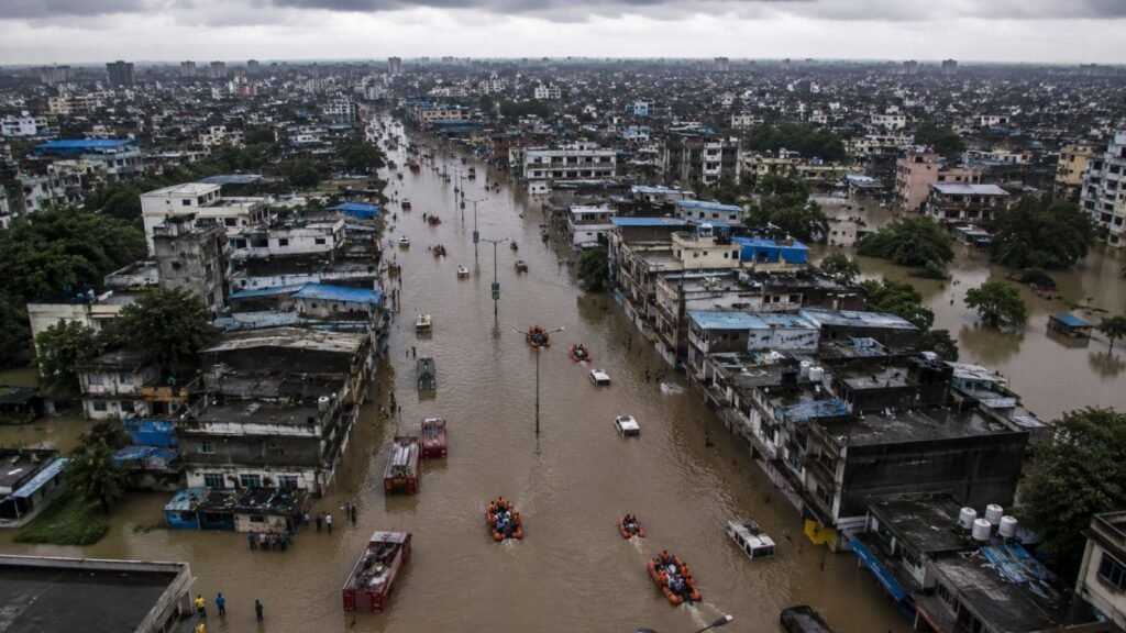 Surat flood 2026: Boats navigate flooded city streets, rescuing residents from submerged buildings.