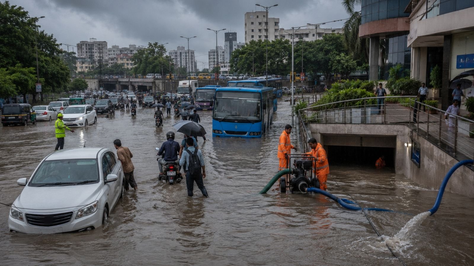 Severe urban flooding in Vesu, Surat, Gujarat, showing submerged roads, stranded cars, motorcycles and city buses, residents walking through knee-deep rainwater, emergency workers operating portable dewatering pumps, flooded basement parking at a commercial complex, traffic police redirecting vehicles near a waterlogged underpass, overflowing drains, and dark monsoon clouds during intense rainfall.