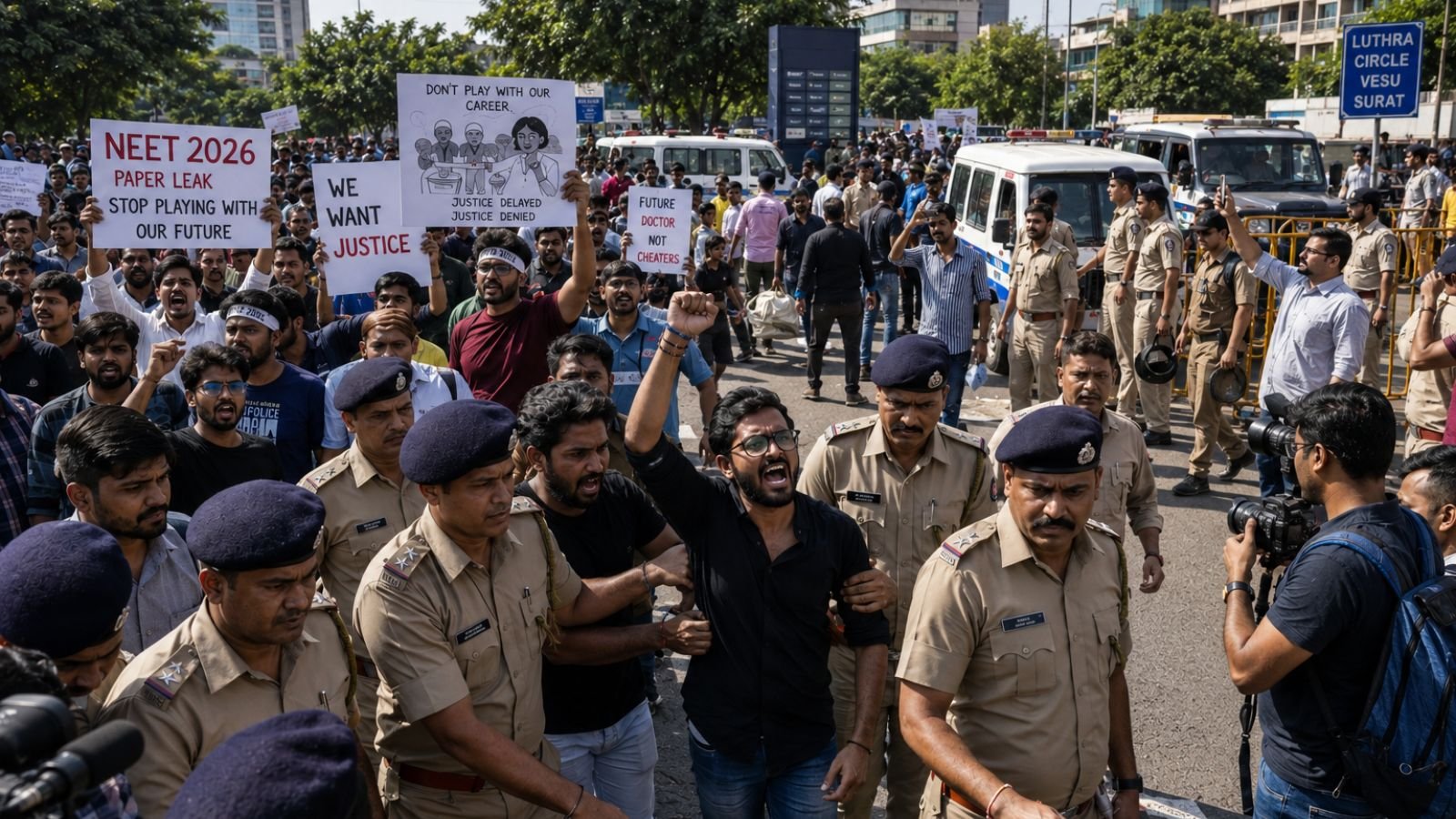 Surat Police personnel escorting protesters during a peaceful NEET 2026 paper leak demonstration near Luthra Circle in the Vesu area of Surat, Gujarat, with a large crowd holding protest placards, police barricades, media photographers, police vehicles, and the urban VIP Road streetscape visible under bright daylight.