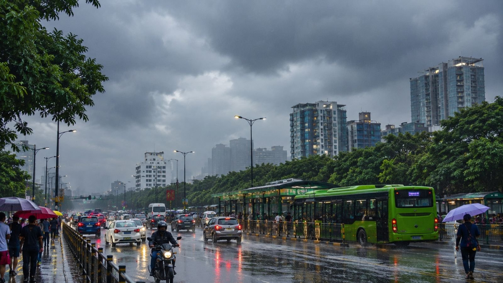 Surat weather on 17 July 2026 showing dark monsoon clouds, light rainfall, wet roads with reflections, people carrying colorful umbrellas, motorcycles, cars, BRTS buses, modern buildings, lush green trees, and a humid rainy atmosphere across the city.