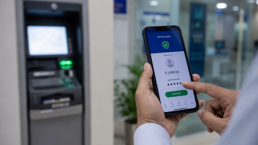 Man uses UPI payment app on smartphone at ATM, checking bank balance.