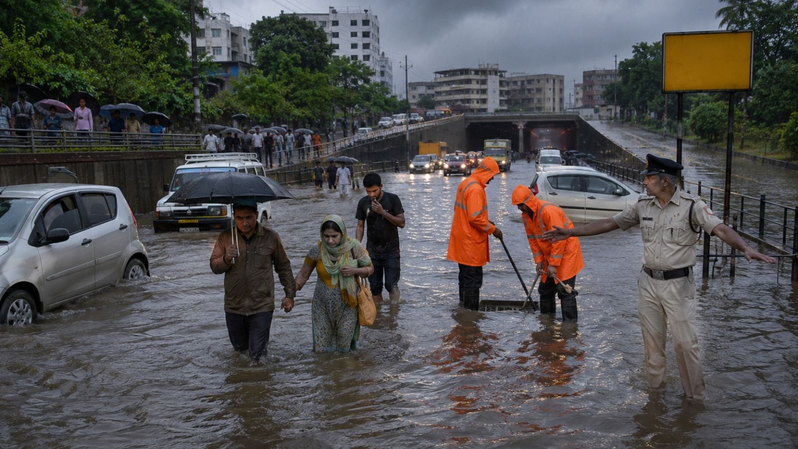 Monsoon flooding in Valsad, Gujarat, showing waterlogged roads, submerged vehicles, residents walking through ankle-to-knee-deep floodwater, municipal workers monitoring drainage, police managing traffic near a flooded underpass, and dark rain clouds during an active Yellow Alert weather situation.