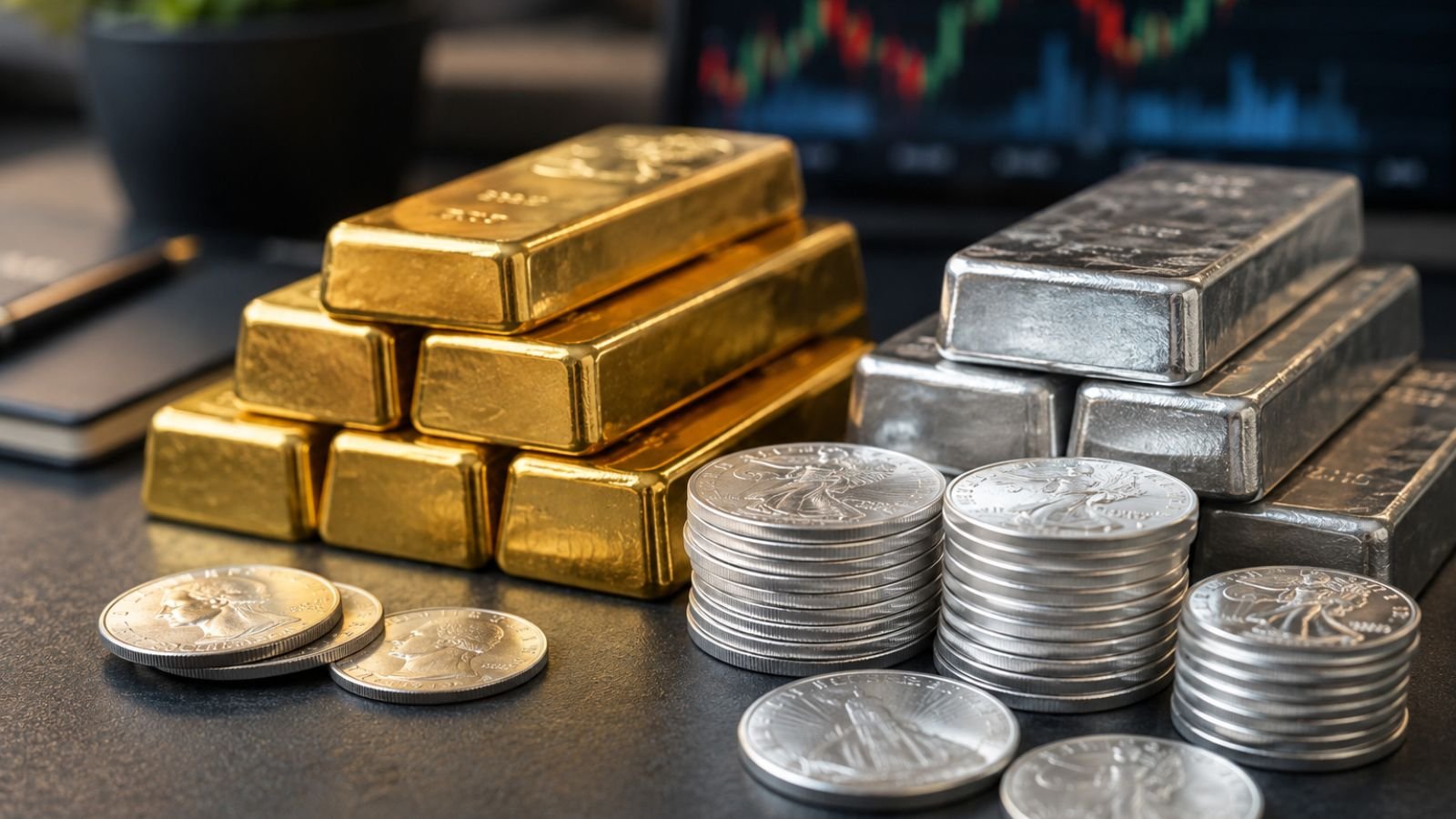 Gold bars and silver coins, representing investment and precious metals.
