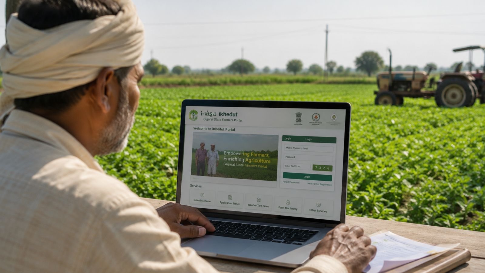 Farmer using i-Khedut Portal Gujarat on laptop in agricultural field