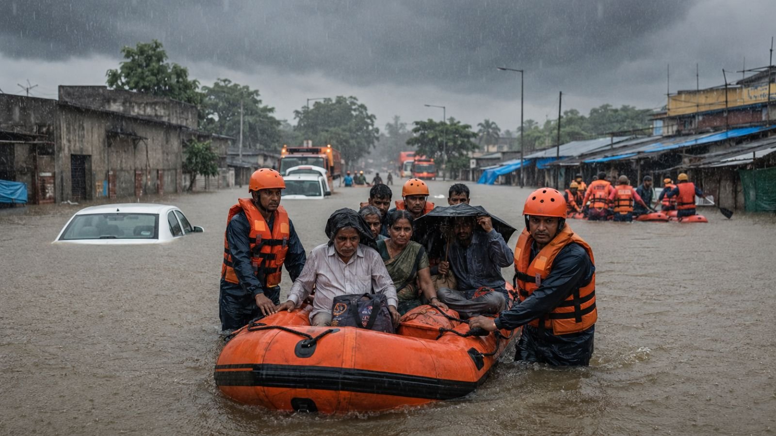 NDRF personnel using inflatable rescue boats to evacuate adult residents from flood-affected neighborhoods in Gujarat during an IMD Red Alert, with submerged streets, stranded vehicles, emergency response vehicles, continuous heavy rainfall, dark storm clouds, and widespread flooding reflecting severe monsoon conditions across districts including Kachchh, Banaskantha, Patan, and Jamnagar, where evacuations, school closures, and travel advisories are in effect.