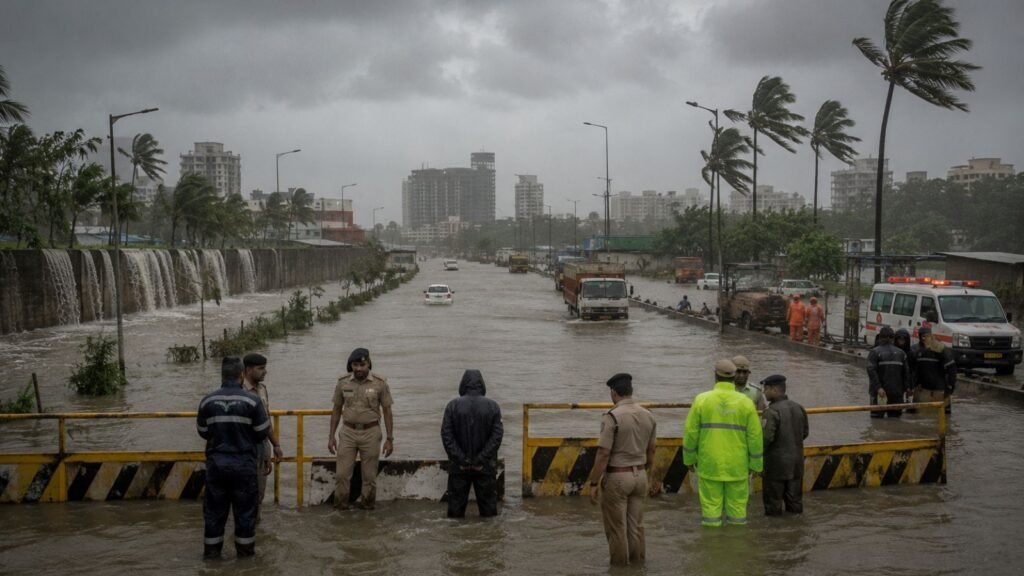 Police barricades blocking a flooded highway in Gujarat during an IMD Red Alert, with emergency officials monitoring waterlogged roads, disaster response teams coordinating operations, overflowing drainage channels, stranded vehicles, strong winds, and dark monsoon clouds creating a realistic urban flood response scene under continuous heavy rainfall.