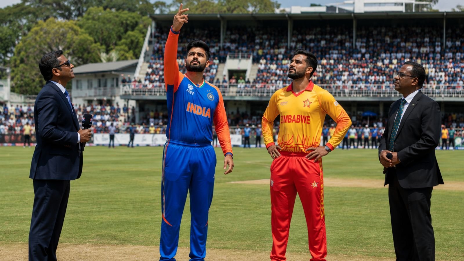 Shreyas Iyer and Sikandar Raza standing with match officials during the coin toss before an India vs Zimbabwe T20 International match at Harare Sports Club in Zimbabwe, with a lush green cricket field, packed stadium, bright afternoon daylight, and a professional international cricket atmosphere.