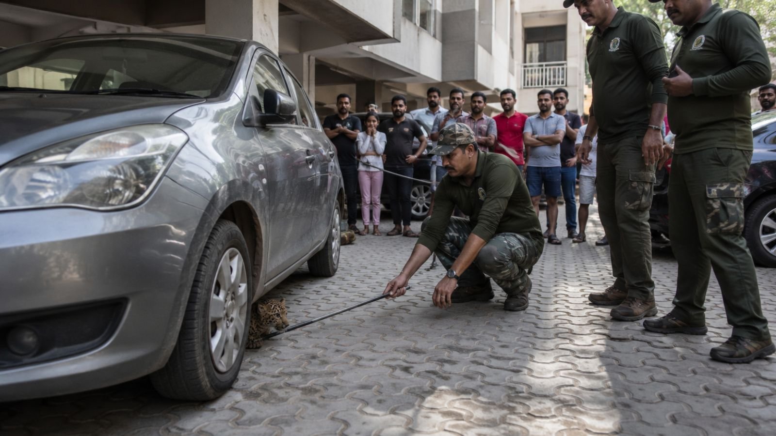 A frightened leopard cub hiding beneath a parked car in Greenfield Society, Shela Ghuma, Ahmedabad, while Gujarat Forest Department and wildlife rescue personnel carefully secure the rescue site as residents observe from a safe distance in a modern residential complex during early morning daylight.