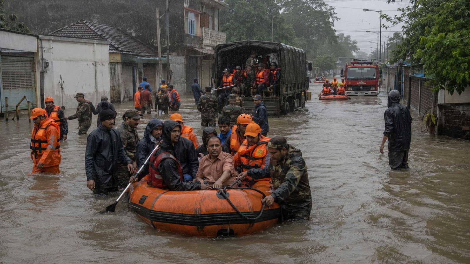 NDRF, SDRF, Army rescue teams, and Fire Brigade officials using inflatable rescue boats to assist adult residents from flooded neighborhoods in Navsari, Gujarat, with submerged village streets, emergency vehicles, continuous heavy rainfall, overflowing floodwaters, and dark monsoon clouds creating a realistic large-scale disaster response scene.