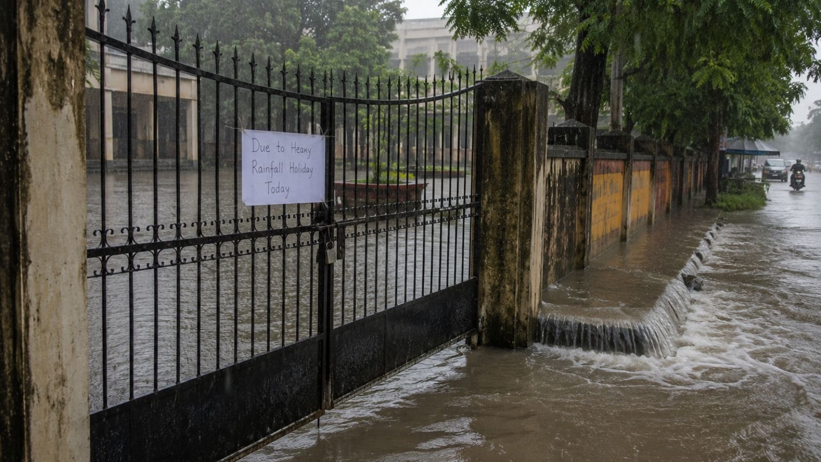 Locked entrance of a government school in Surat, Gujarat during heavy monsoon rainfall, with waterlogged roads, overflowing drains, continuous rain, umbrellas, a quiet school campus, and flooded streets under dark monsoon clouds, illustrating precautionary school closure during an IMD Orange Alert.