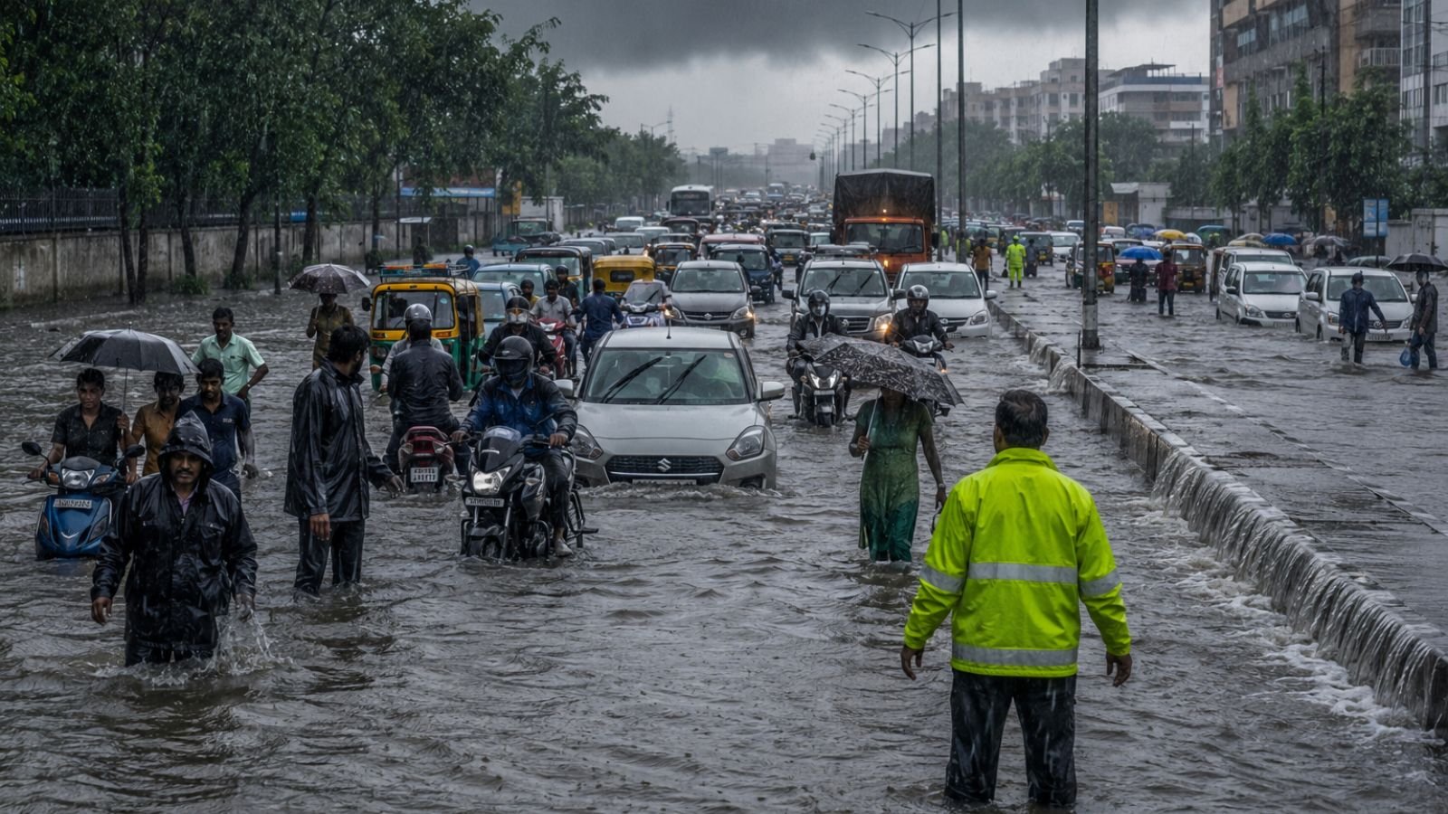Major road in Surat, Gujarat submerged by heavy monsoon rainfall with knee-deep floodwater, stranded cars and motorcycles, commuters walking through flooded streets, overflowing drains, emergency workers managing traffic, and dark storm clouds creating a realistic urban flooding scene during an IMD Red Alert.