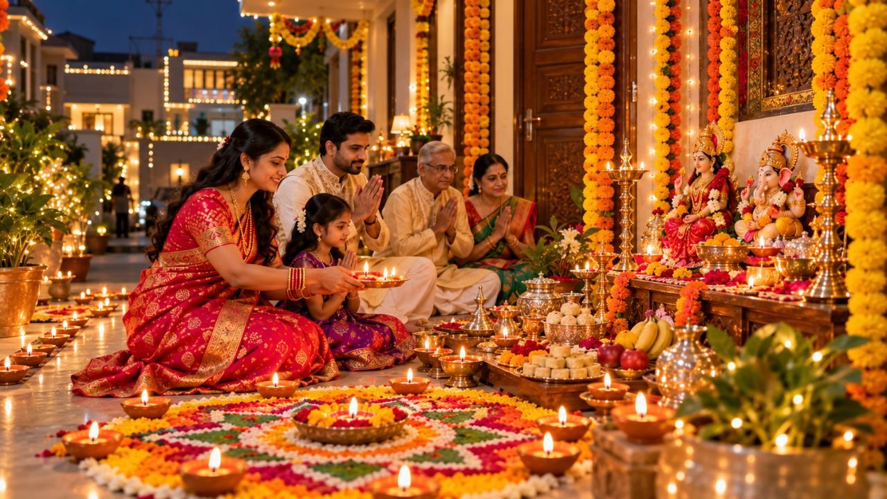 Family celebrating Diwali in Ahmedabad with diyas and rangoli, Gujarat New Year