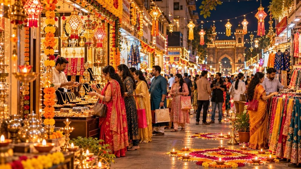 Diwali in Ahmedabad: illuminated market stalls with people shopping for festive items.