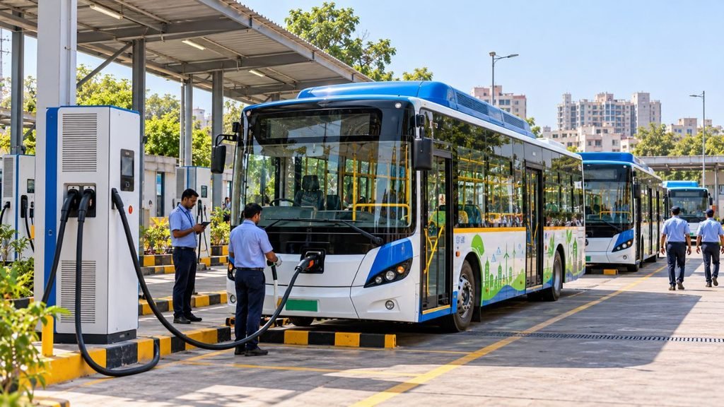 Ahmedabad electric bus charging station with staff overseeing the process.