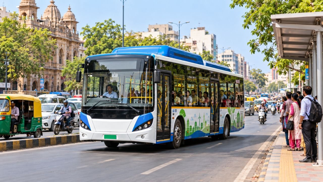 Ahmedabad electric bus on a city street, showcasing green transport.