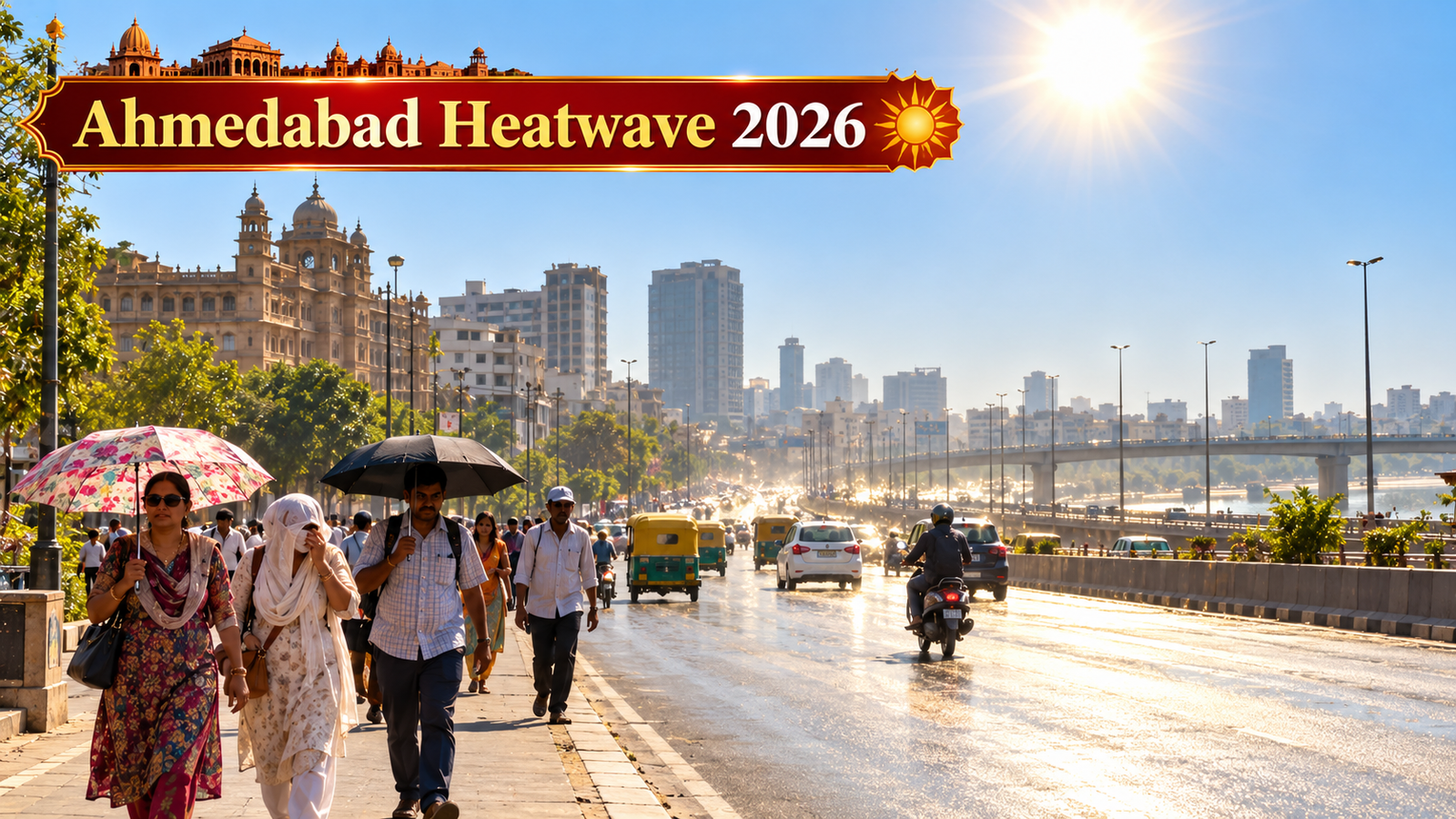 Ahmedabad heatwave 2026: People walk under umbrellas on a sunny, humid street.