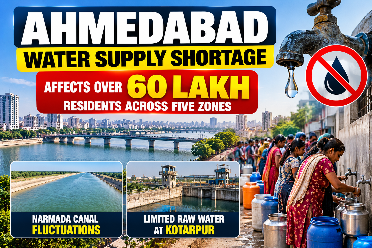 Ahmedabad water supply shortage affects 60 lakh residents; image shows Narmada Canal and Kotarpur water facility.