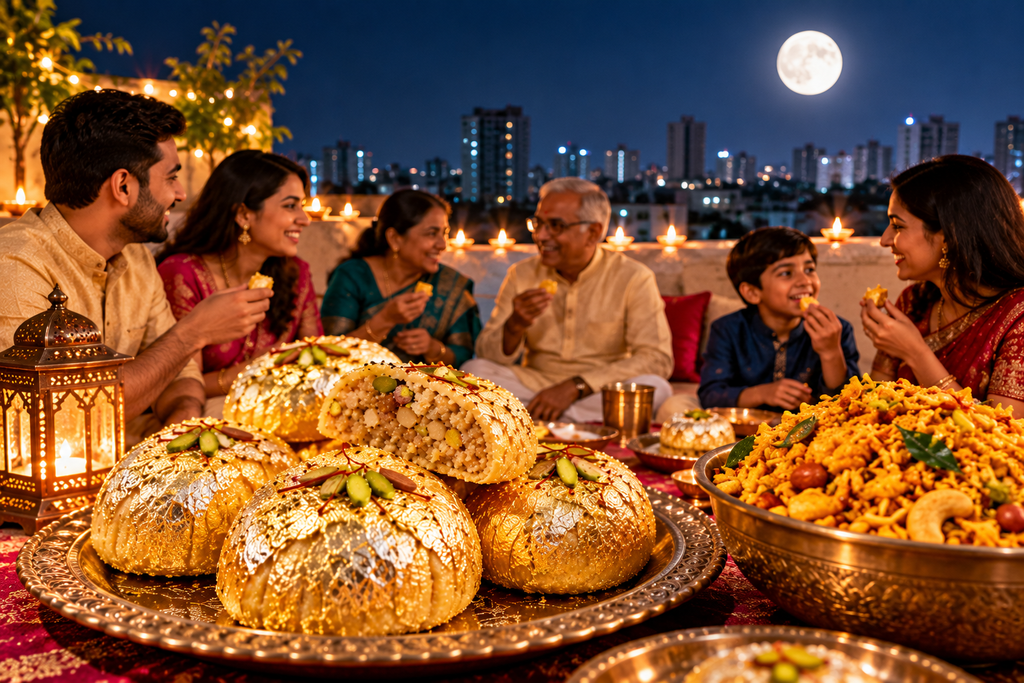 Family enjoys Diwali sweets and snacks under a full moon in Surat