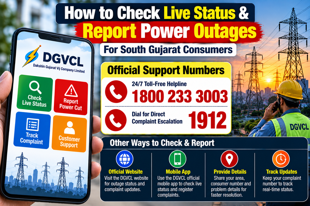 DGVCL power outage reporting infographic for South Gujarat consumers
