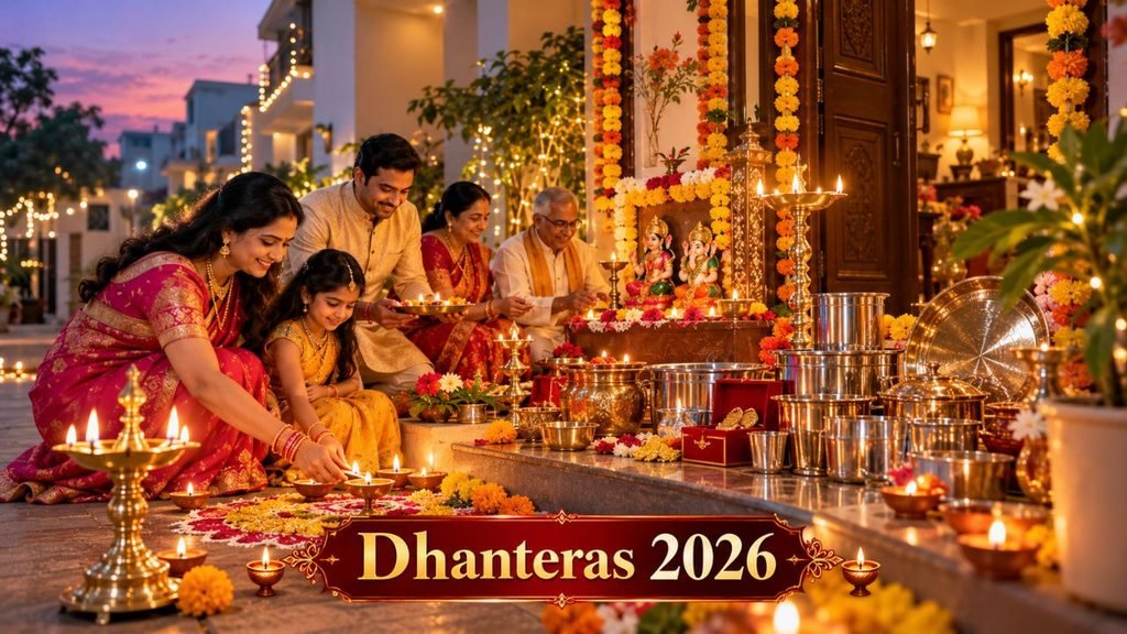 Family celebrating Dhanteras 2026 with diyas and puja in Gujarat