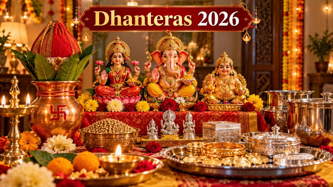 Dhanteras 2026 puja setup with idols of Lakshmi, Ganesha, and Kubera, gold, and silver items.